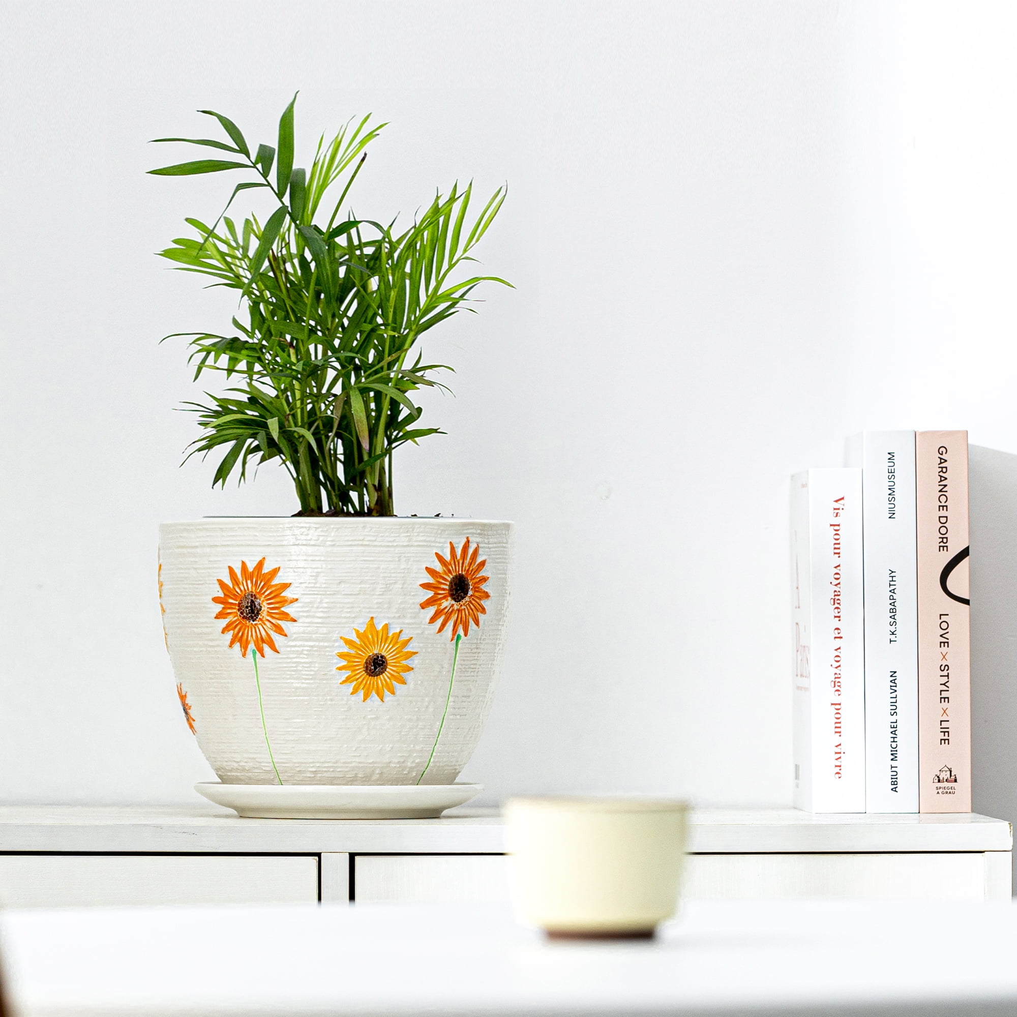8 Inch Plant Pot, Sunflower Ceramic Planter with Drainage Holes and Saucers for Plants Indoor and Outdoor Flower Pot