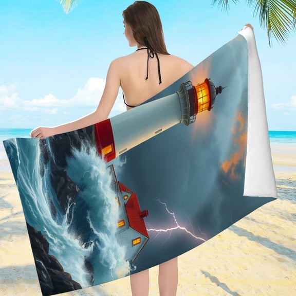 RKSupls Storm Lighthouse Ocean Microfiber Beach Towel, Extra Large Quick Dry Lightweight Towel for Travel Swimming Camping, Soft Super Absorbent- 55.1x27.6in