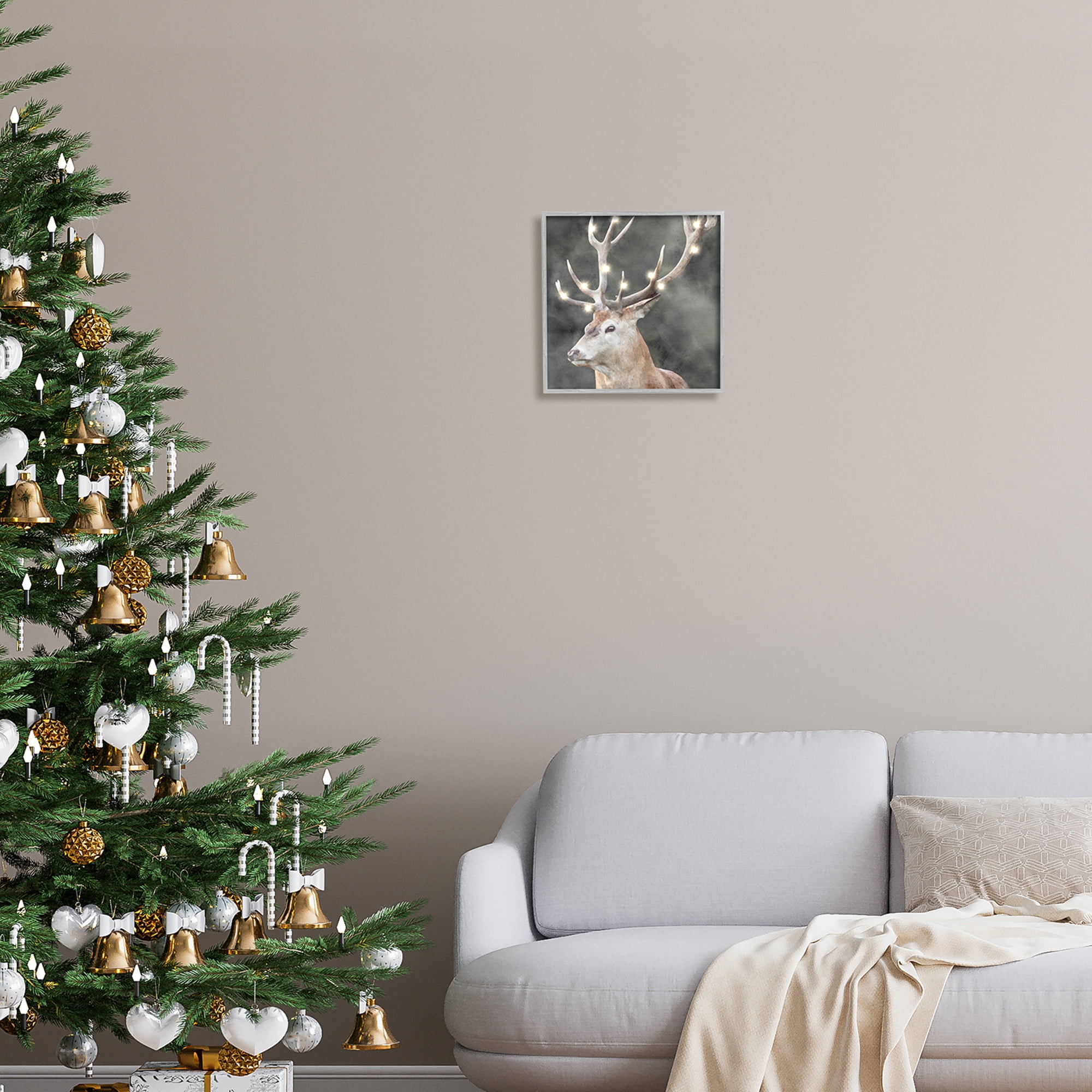 Stupell Industries Holiday Lights on Antlers Holiday Painting Gray Framed Art Print Wall Art, 12 x 12