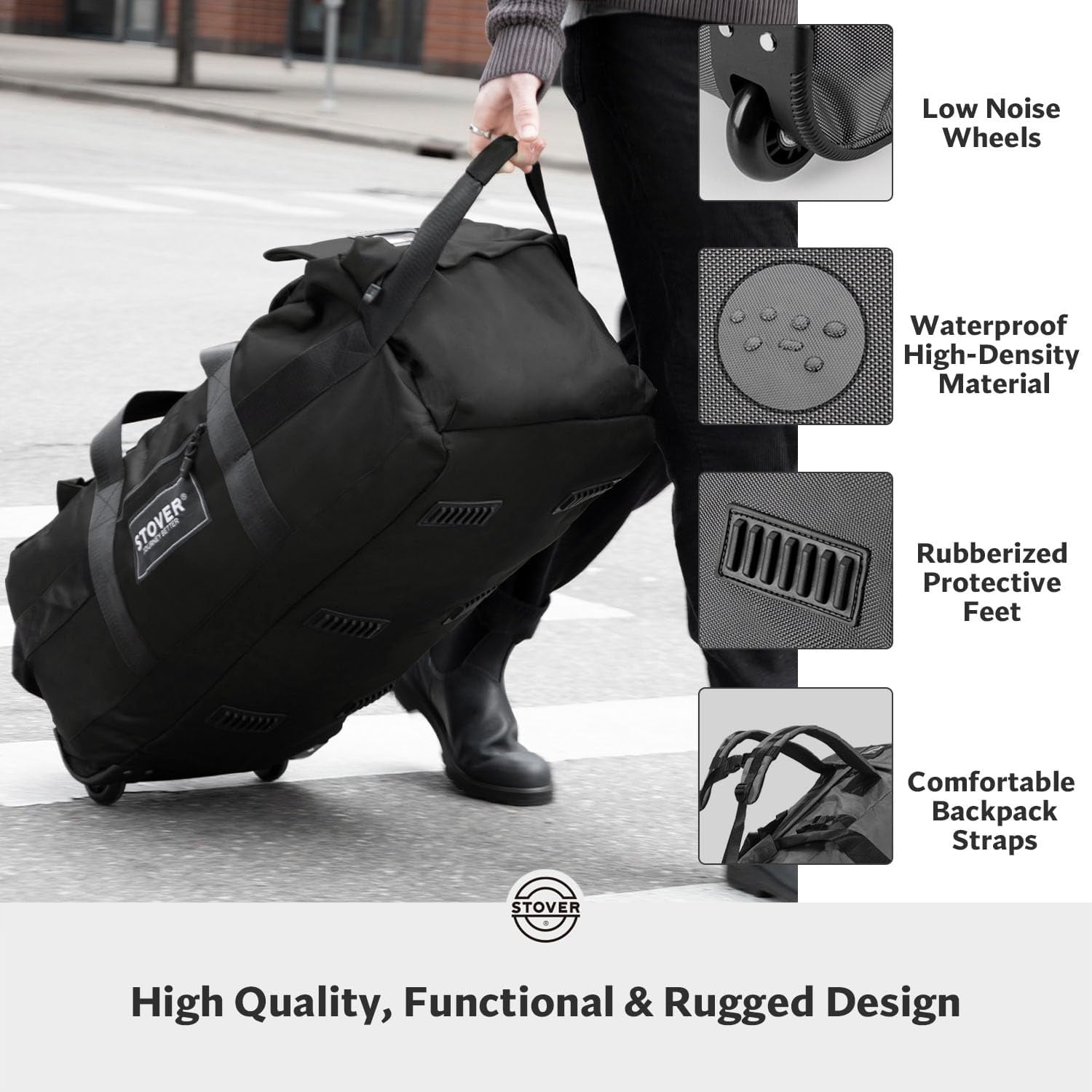 STOVER 80L Rolling Duffel Bag w/ Wheels, X-Large Durable Backpack + Toiletry Bag (Black)