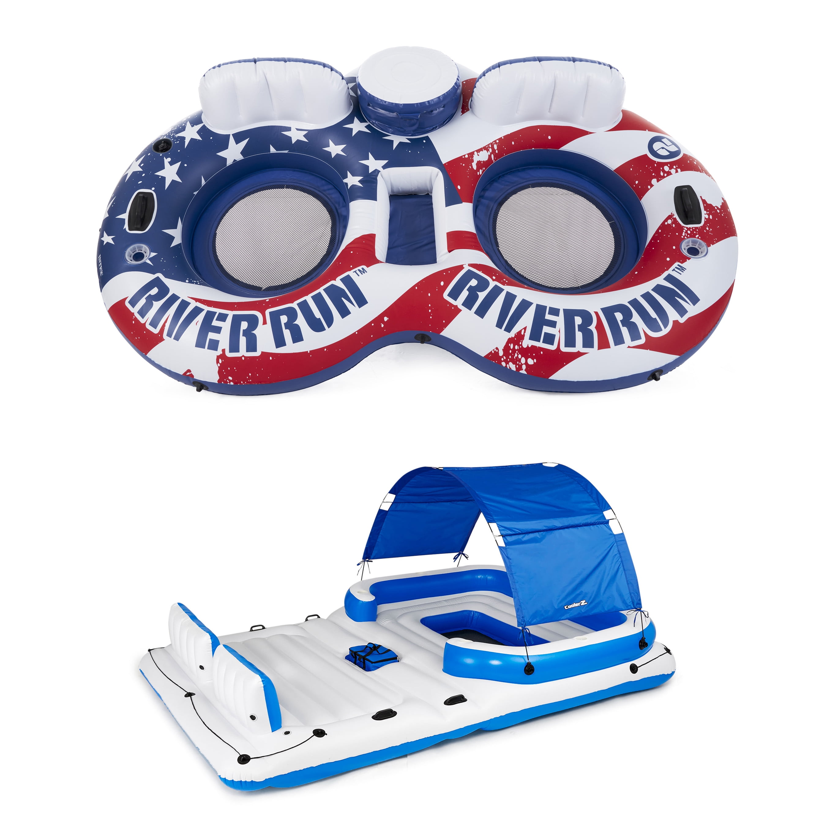 Intex American Flag 2 Person Float & 4 Pack Swimline American Flag Tube Float 