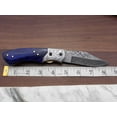 thumbnail image 2 of Damascus steel folding knife, 8.3" long knife with hand forged 4" blade, Blue Colored Bone & custom made engraved steel bolster scale, Cow Hide Lather sheath included, 2 of 8