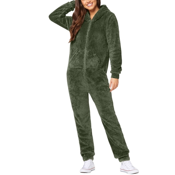 Gibobby Mono Corto Informal Pijama de manga larga de lana artificial para mujer Casual Color sólido Cremallera Suelto con capucha Mono Pijama Casual Invierno Cálido Rompe Lind(Verdinegro, XL)