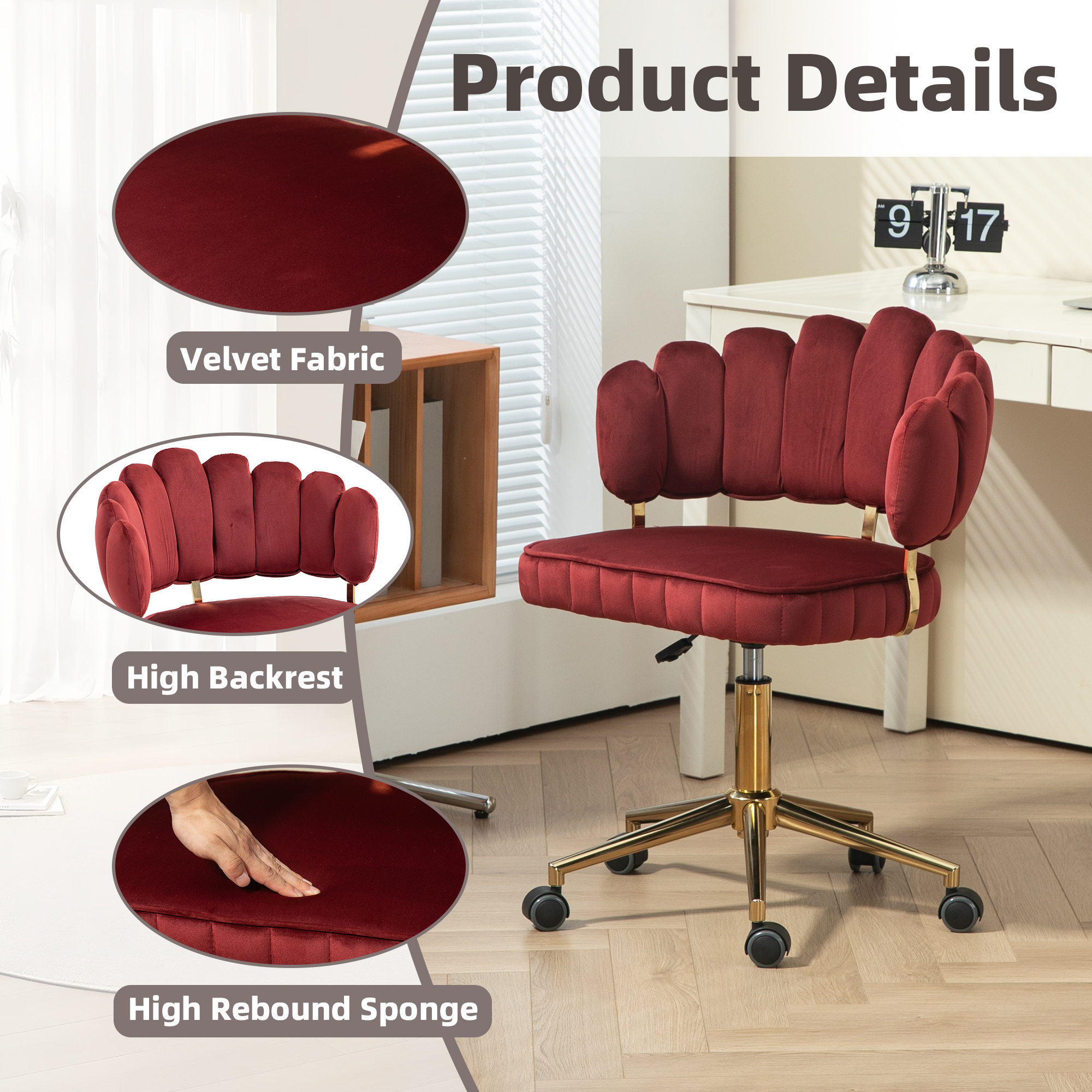 MAYEERTY Velvet Home Office Desk Chair, Modern Cute Computer Chair, Wheels Swivel Height Adjustable Swivel Task Chair for Home Office (Wine Red Velvet)