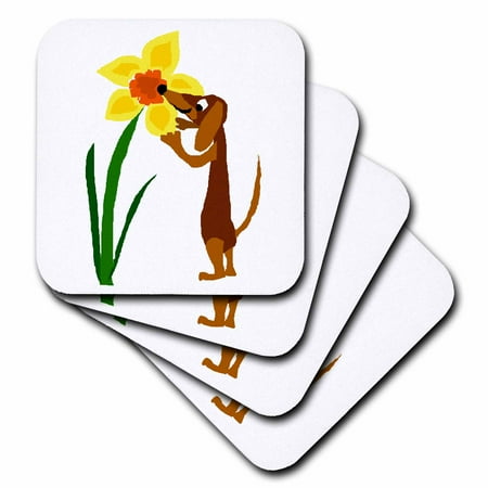Art Coaster Set 3dRose Funny Brown Dachshund Puppy Dog Sniffing Daffodil Flower Art - Soft Coasters, set of 4 ()