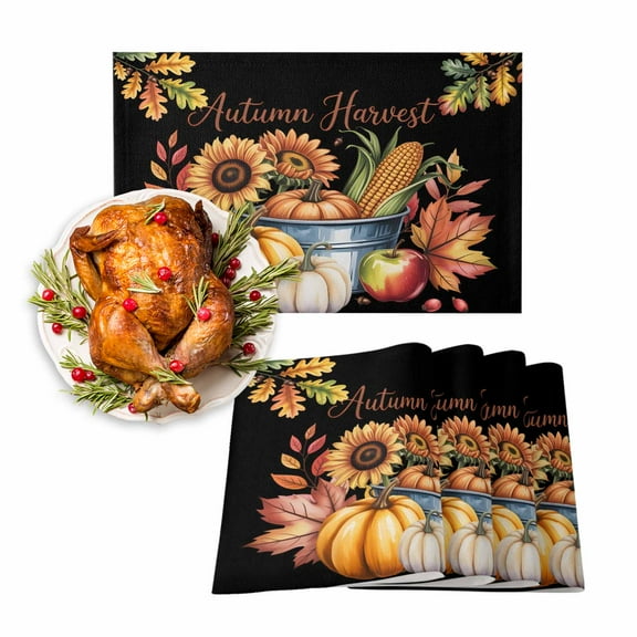 Fall Placemats Set of 6 Autumn Harvest Pumpkin Place Mats Thanksgiving Placemat Corn Maple Leaves Black Table Mats for Dining Kitchen Table Holiday Dinner Party Home Fall Decorations 13x19 Inch