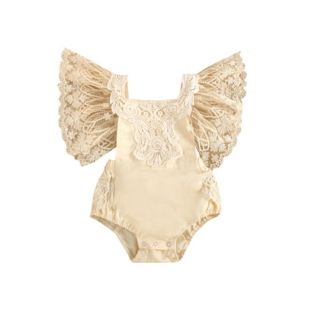 

TFFR Baby Girl Lace Bodysuits Infant Fly Flare Sleeve Square Collar Back Tie Up Jumpsuits 0-2Y
