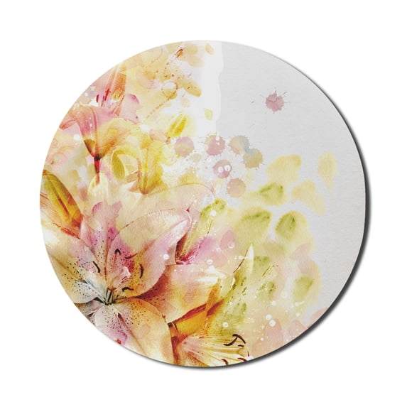 Shabby Flora Mouse Pad for Computers, Watercolored Lilies Flowers Buds Leaves Colored Marks Artwork, Round Non-Slip Thick Rubber Modern Gaming Mousepad, 8" Round, Pale Pink Peach, by Ambesonne