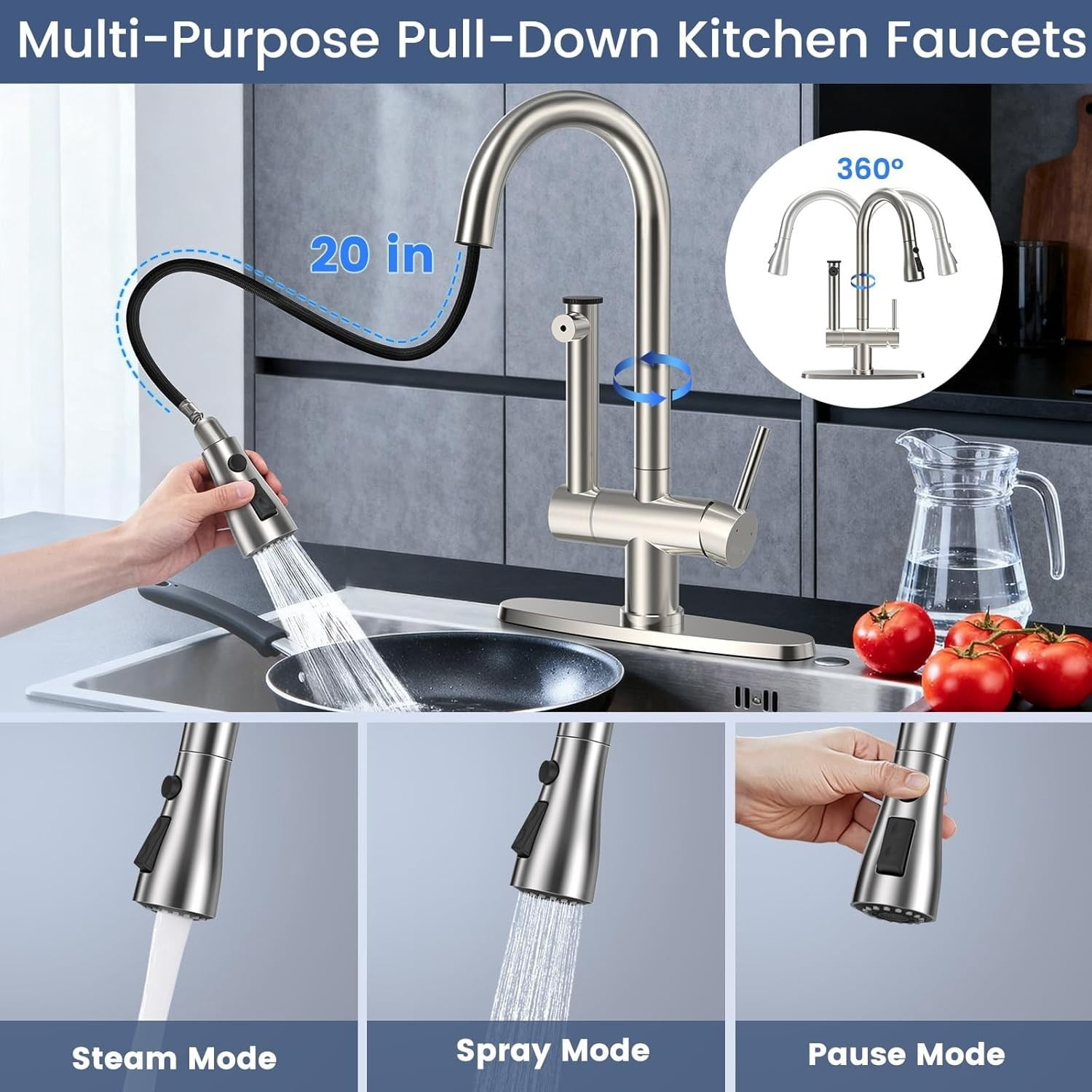 Beteliva Retractable Dual-Outlet Kitchen Faucet with Filter, 3 Spray Modes, Silver Finish