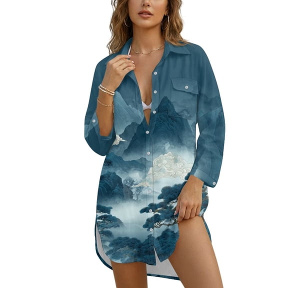 Xixirimido Mountain Forest Landscape Painting Print Women's Loose Fit Beach Cover Up Shirt Dress Long Sleeve Button Up Swimsuit Cover Up with Side Slits for Summer, Size M