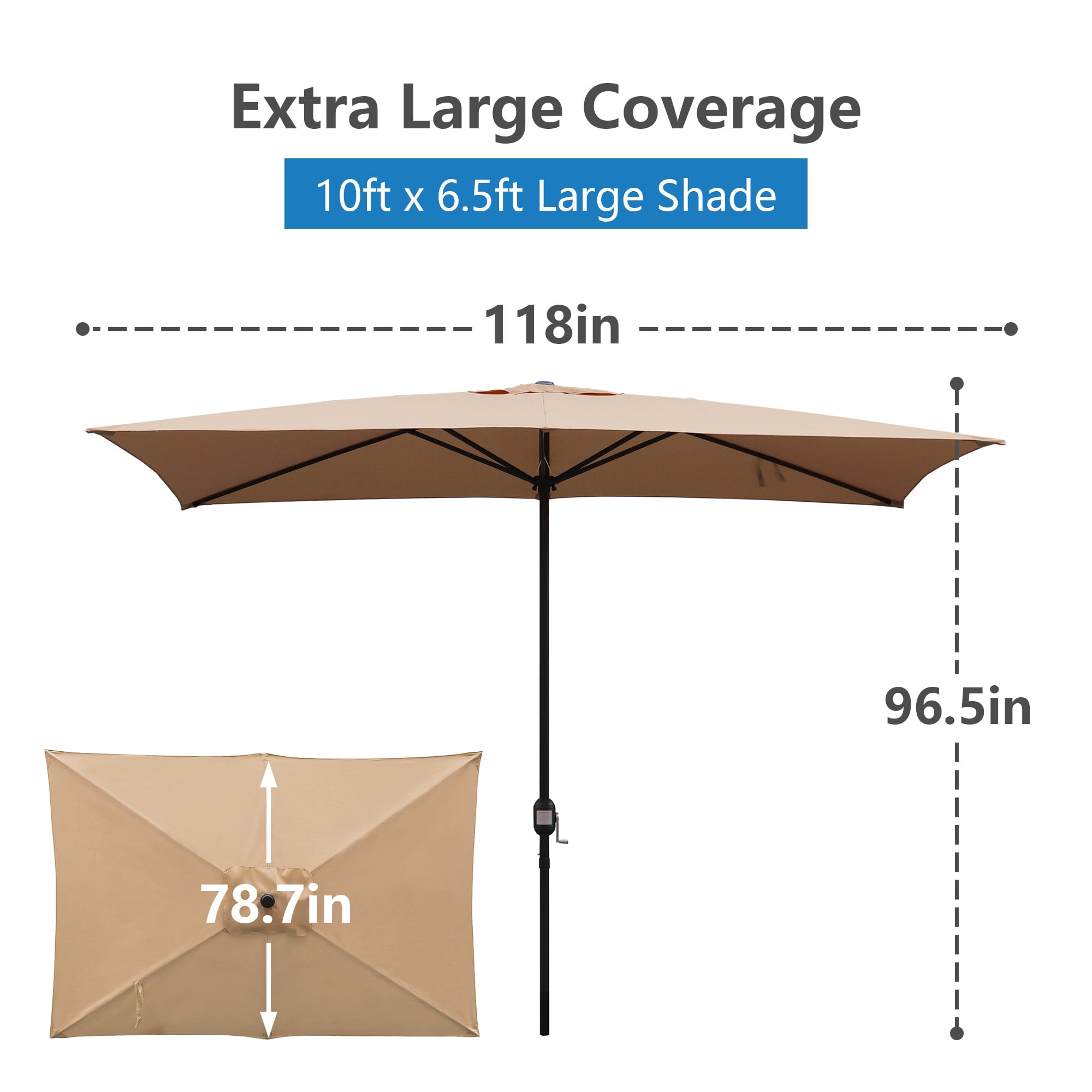 Abble 10x6.5ft Rectangular Patio Umbrella with Crank Handle, Outdoor Market Umbrella with 6 Sturdy Umbrella Ribs, Waterproof, Tan