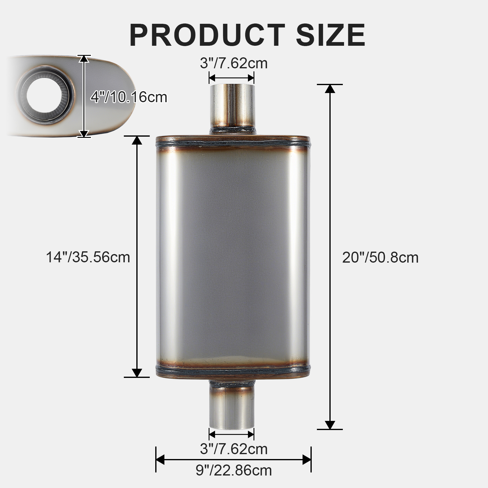 Exhaust Muffler Universal 409 Stainless Straight-Through Performance Muffler for Cars Trucks, 3" Inlet/Outlet, Overall Length 20"