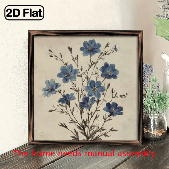 2D Flat, 1pc Vintage Rustic Wood Framed Botanical Wall Art - 8x8 Inch Blue Cornflower Foliage Print in Natural Wood Frame, Farmhouse Vertical Hanging Decor for Living Room, Bedroom, Kitchen, House