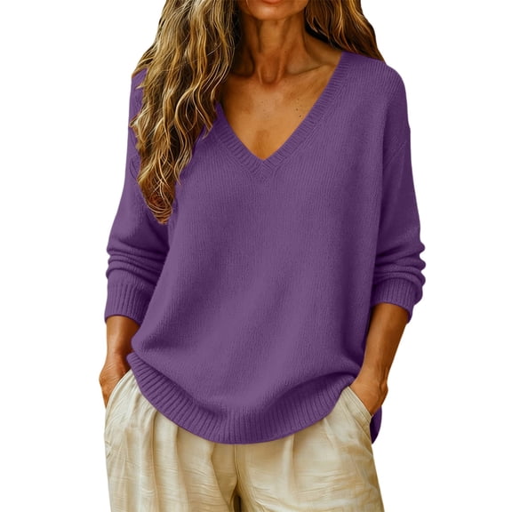 DLIDG Sweater for Women Lightweight V Neck Sweater Shirt Basic Long Sleeve Tunic Pullover Sweater Trendy Fall Cozy Warm Knit Sweater Casual Soft Pullover Tops Lounge Vacation Clothes Dark Purple S