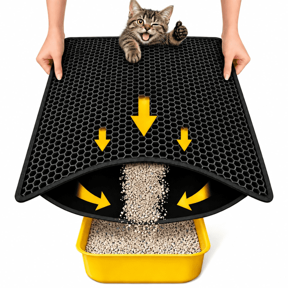 Cat Litter Mat 23.6 x 35.4 Inch, Double Layer Honeycomb Litter Trapping Mat, Waterproof Non Slip Kitty Litter Box Mat for Floor Protection, Easy Clean Cat Supplies, Black