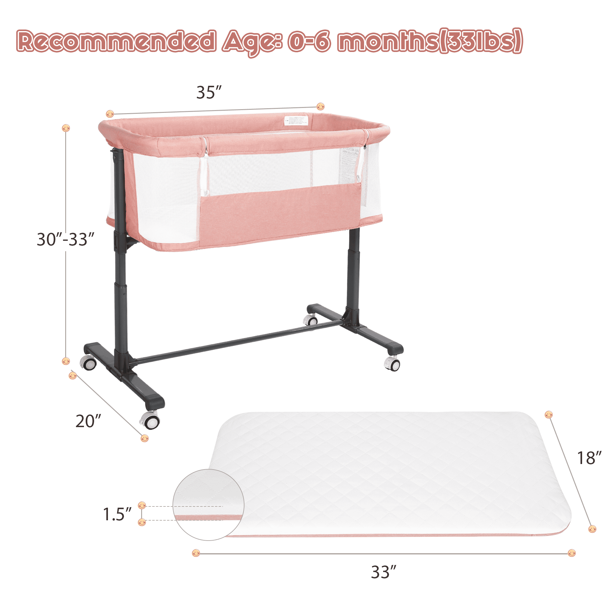 LINLUX Adjustable Baby Bassinet, Bedside Bassinet for Babies, Portable Newborn Bedside Crib, Pink