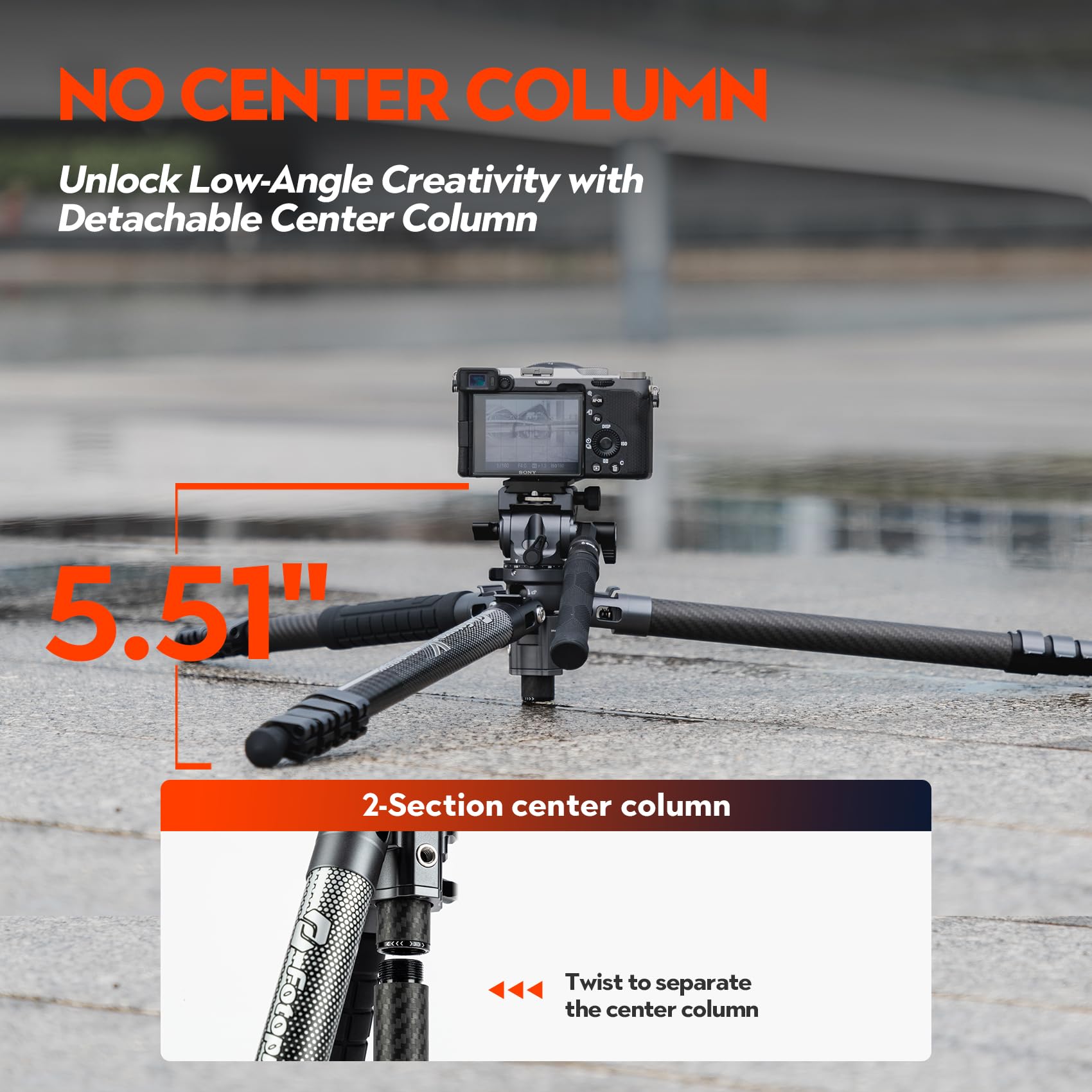 Fotopro X-Airfly Video 64.6" Carbon Fiber Tripod with Ball Head & Fluid Head, 5-Sec Lightweight Compact Camera Tripod Stand for Travel, Low Angel Shooting, Hidden Phone Clip, Max Load 10 lbs, Grey