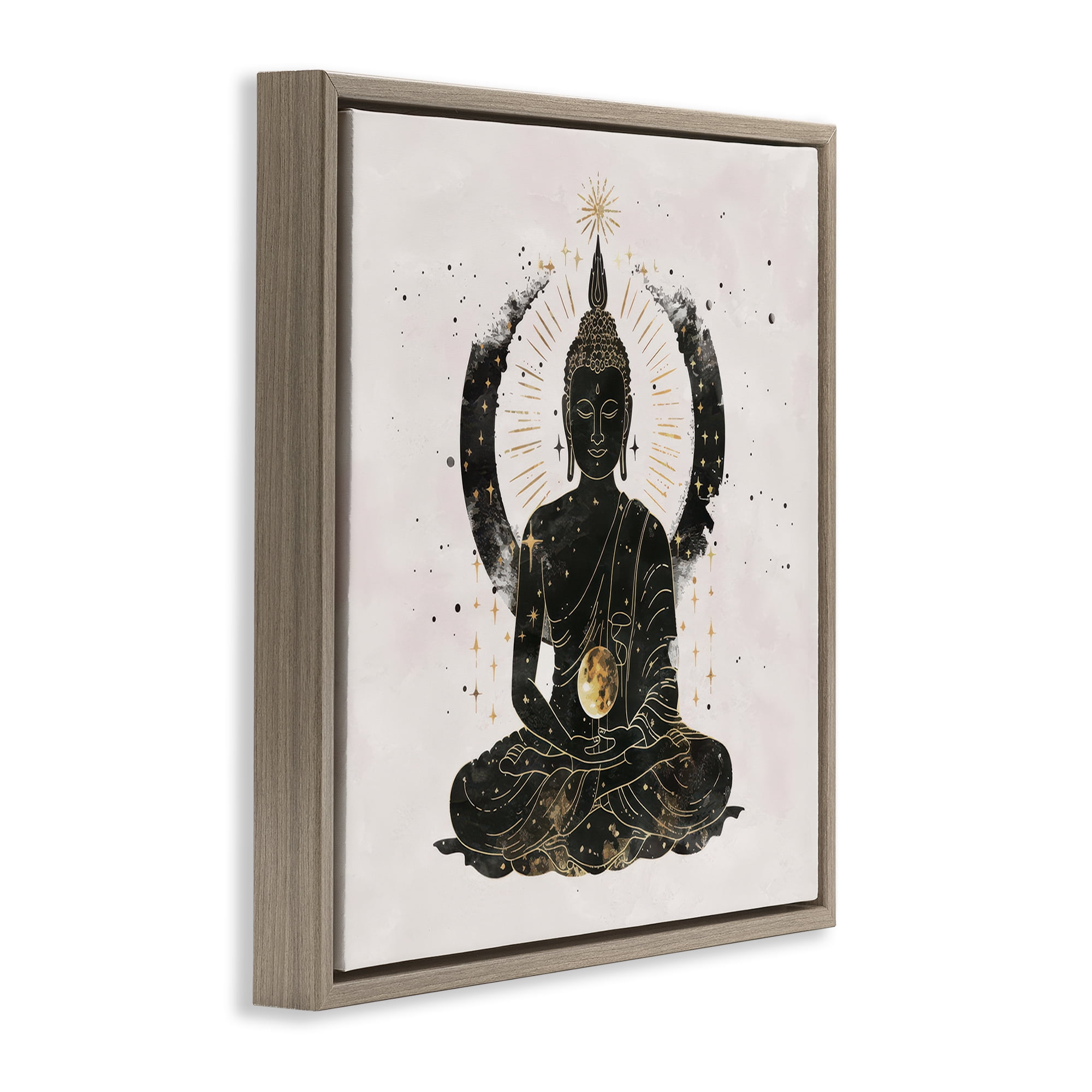 Stupell Industries Sitting Buddha Sun Rays Religious & Spiritual Painting Brown Floater Framed Canvas Art Print Wall Art, 18 x 18