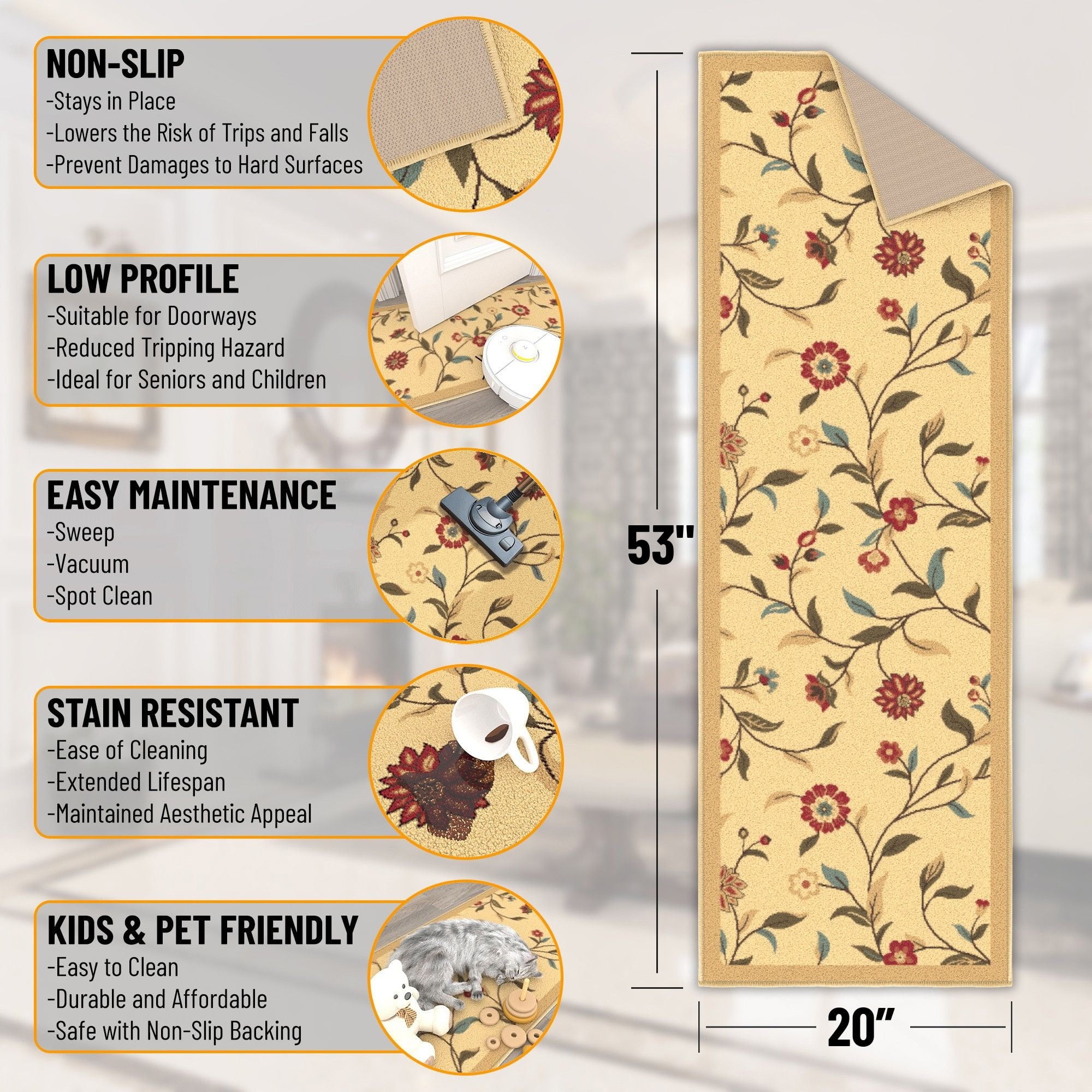 Ottomanson Floral Bathroom Runner Rug 20" x 53" - Non Slip Low Pile Carpet, Beige