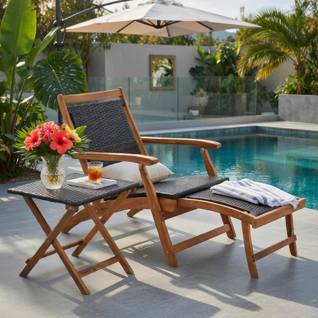 Hommoo 2-Piece Foldable Patio Lounge Set, PE Rattan Folding Chair with Acacia Wood Side Table for Backyard, Poolside & Garden, Brown