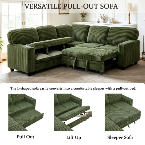 Howcool Modular Sectional Sleeper Sofa, 81" L-Shaped Oversized Cloud Couch with Pull-Out Bed, 5-Seat Corduroy Sofa with Storage Chaise, USB Charging and Cup Holders for Living Room Apartment,Green