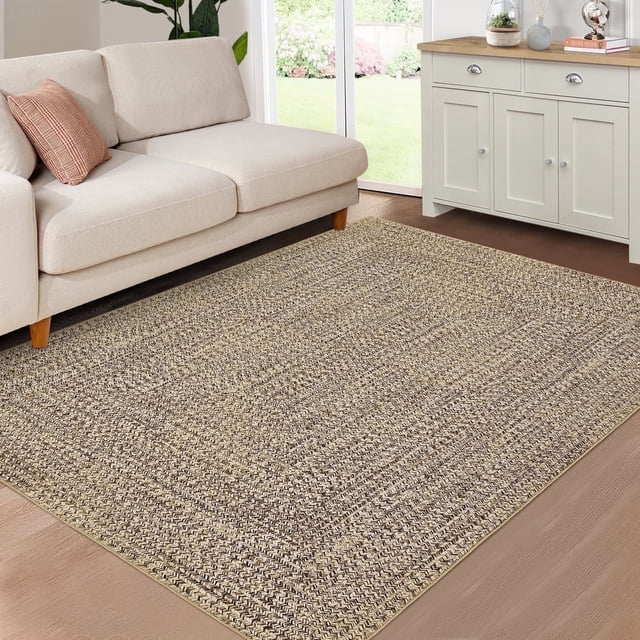 Area Rugs Braided Print Rug, Machine Washable Indoor Rug Non-Slip Low Pile Farmhouse Solid Carpet for Bedroom, Living Room, Dining Room Office