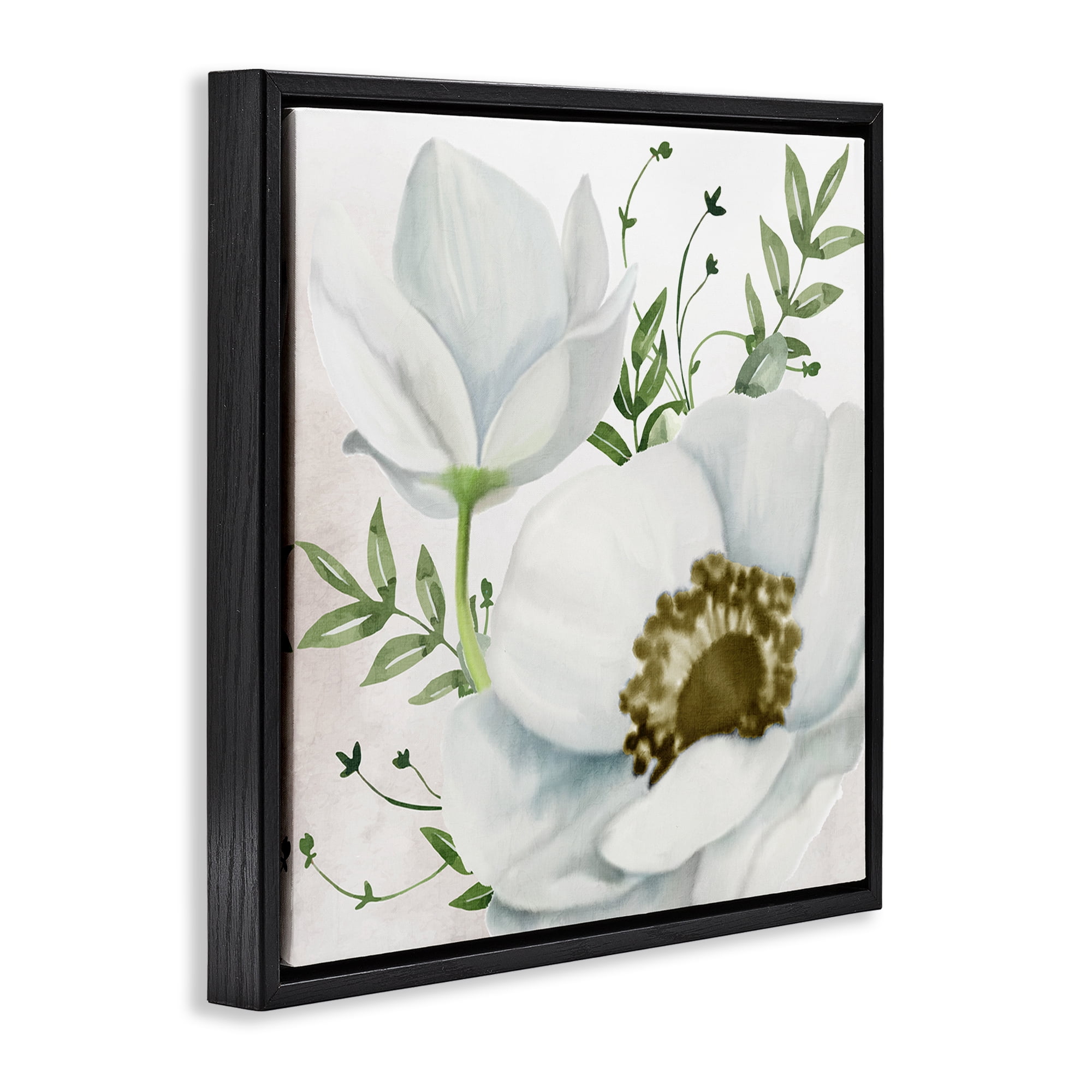 Stupell Industries Magnolia & Leaf Sprigs Plants & Flowers Painting Black Floater Framed Canvas Art Print Wall Art, 18 x 18