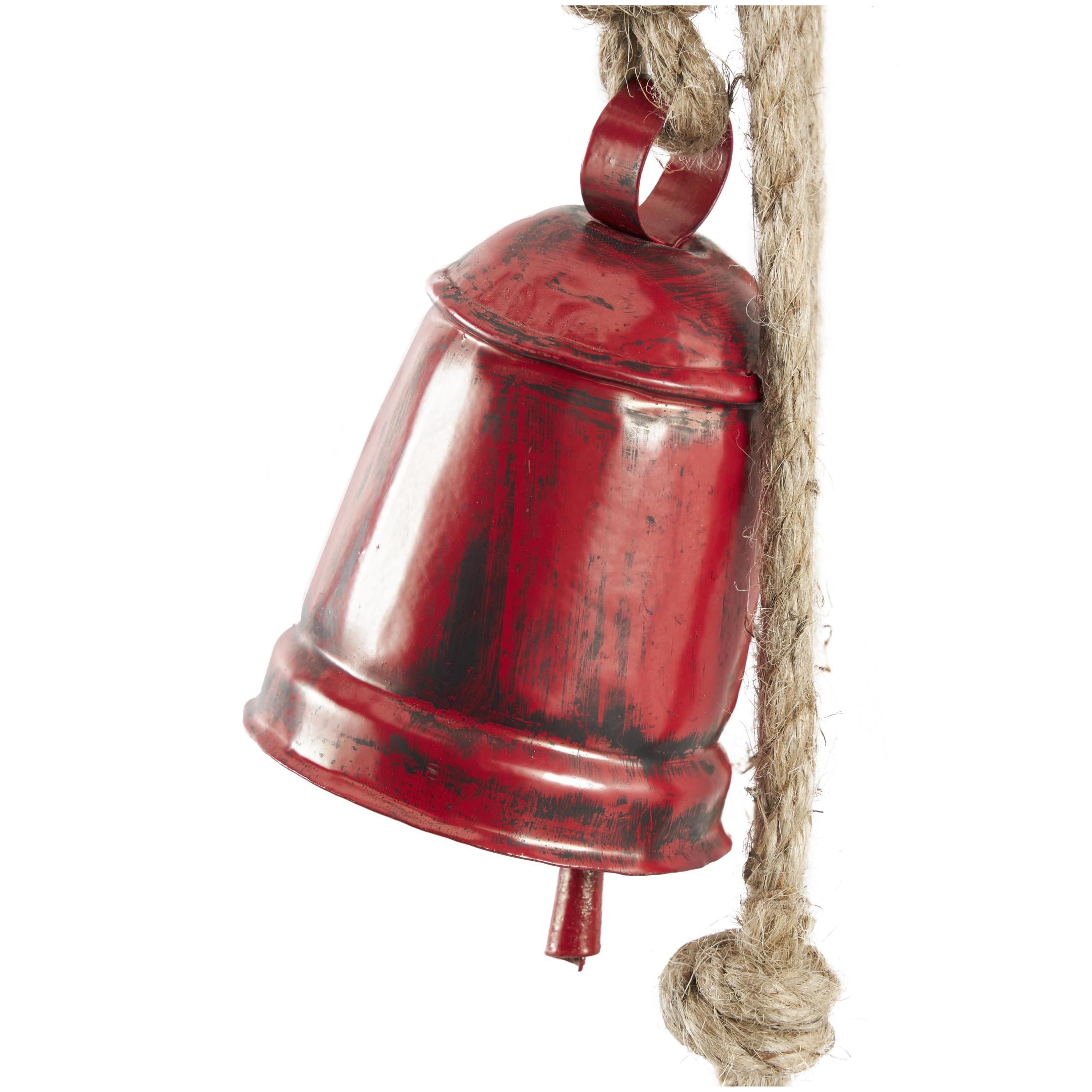 DecMode Tibetan Inspired Cascading Red Metal Cylindrical Decorative Cow Bells with 4 Bells on Jute Hanging Rope
