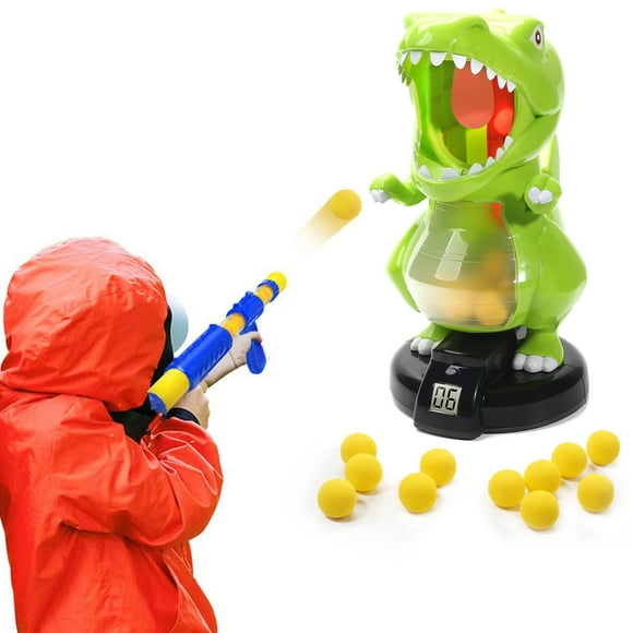 EagleStone Juguetes de tiro de dinosaurios para niños de 5 6 7 8 9 años, juegos electrónicos para niños con pistola de bomba de aire, registro de puntuación LCD, sonido, 24 bolas de espuma, regalo de