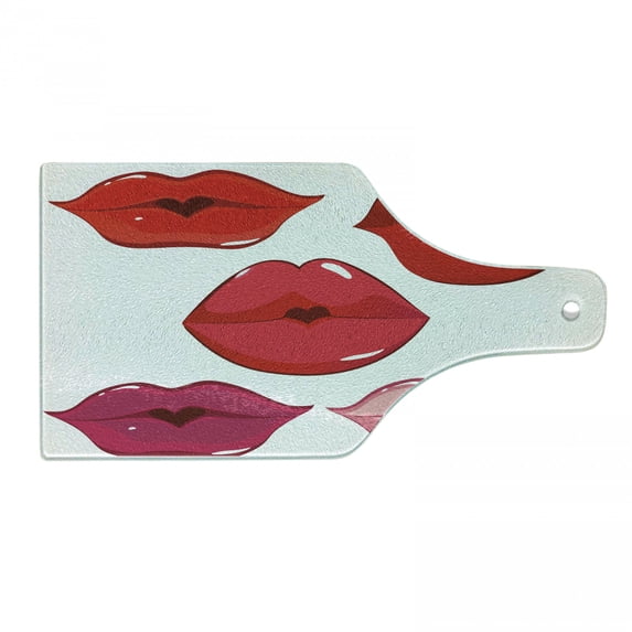 Kiss Cutting Board, Macro Design Woman Lips with Heart Shaped Gap, Decorative Tempered Glass Cutting and Serving Board, Wine Bottle Shape, Vermilion Magenta, by Ambesonne