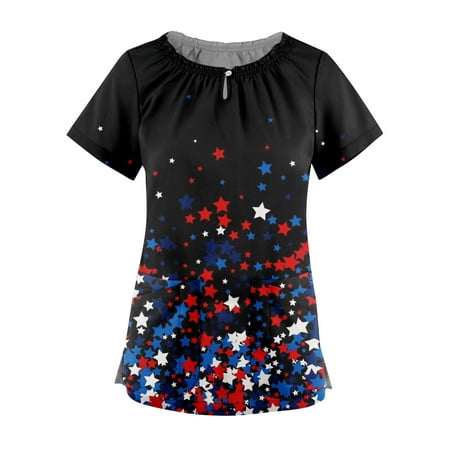 

Women Scrubs Top Casual Short Sleeve Leisure Fashion Flower Printed Shirt Tee Tops With Pockets Party Ladies Streetwear Dailywear