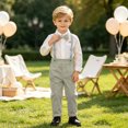 thumbnail image 5 of QTBIUQ Toddler Boys Three-Piece Suit Set Cotton Turn-Down Collar Shirt and Suspender Pants Formal Outfit Set with Bow Tie, 5 of 9