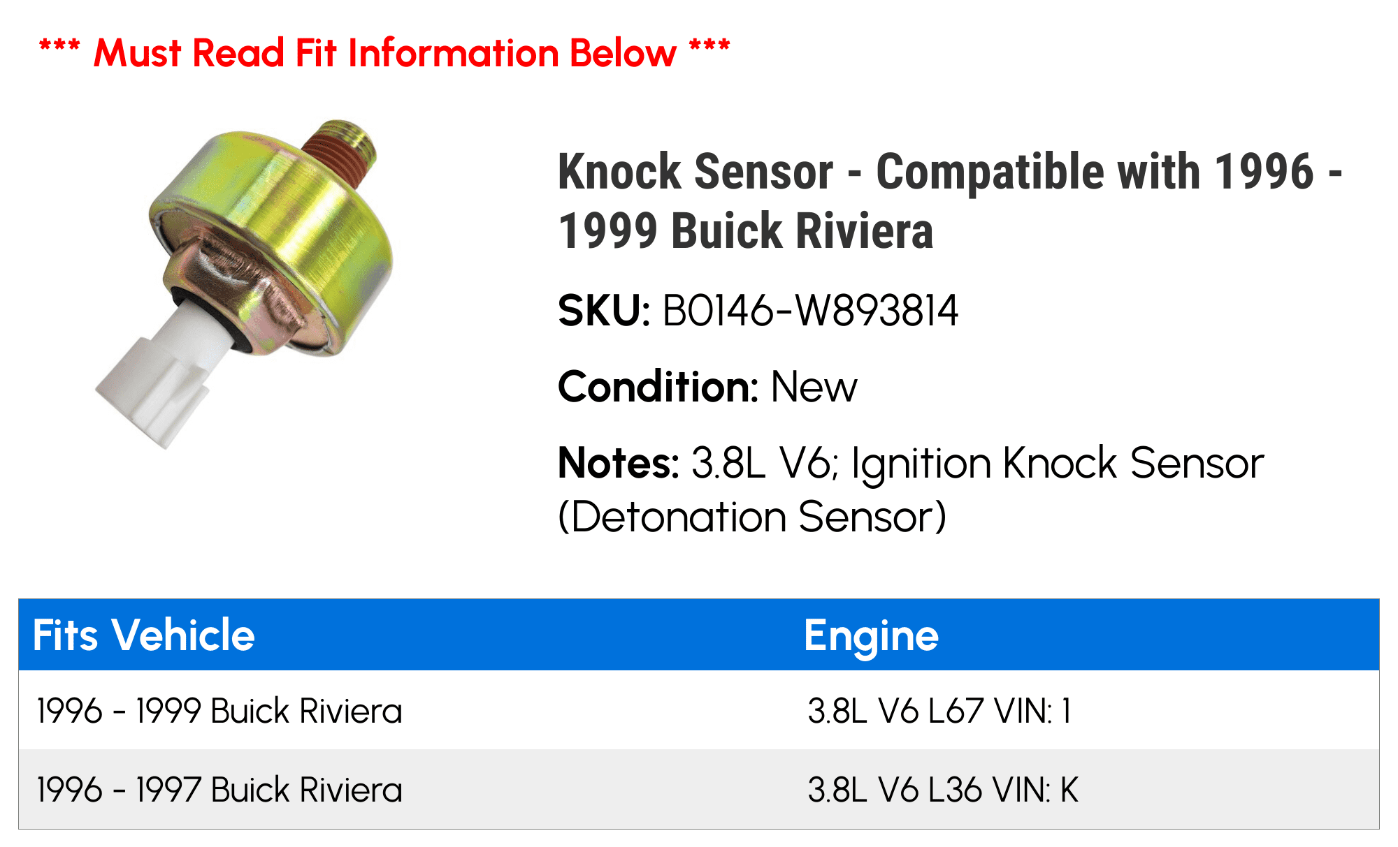 Knock Sensor - Compatible with 1996 - 1999 Buick Riviera 1997 1998
