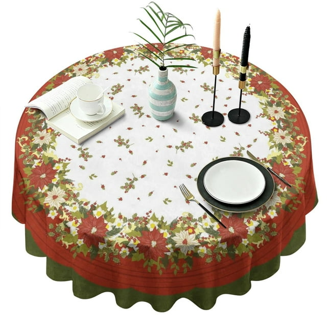 Merry Chirstmas Red Round Table Cloth,Wrinkle Free Table Cover with Polyester,Waterproof Reusable Tablecloths for Easter Birthday Picnic Wedding (Round,60x60inch)