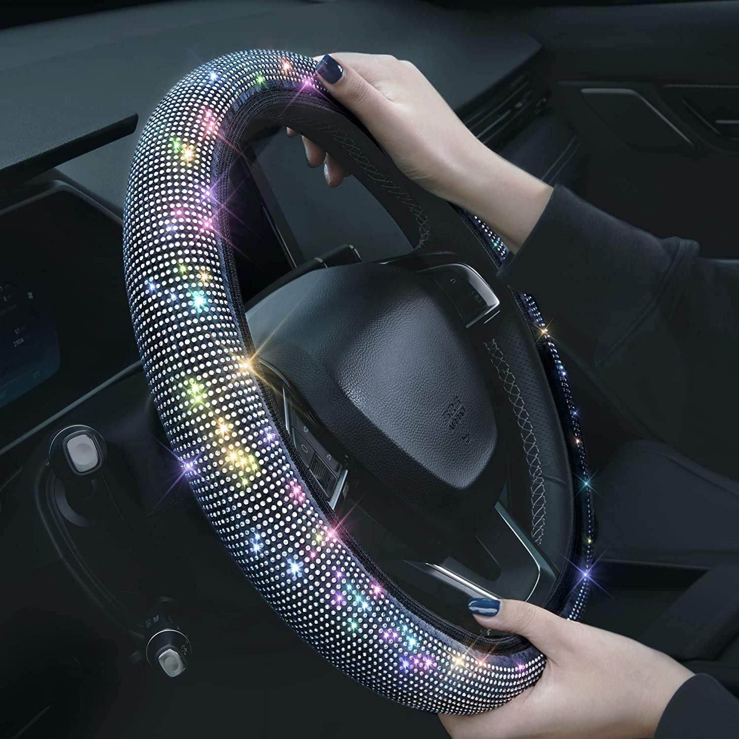 Copri Volante Auto In PU Con Cristalli E Diamanti – Antiscivolo, Nero, 38 Cm