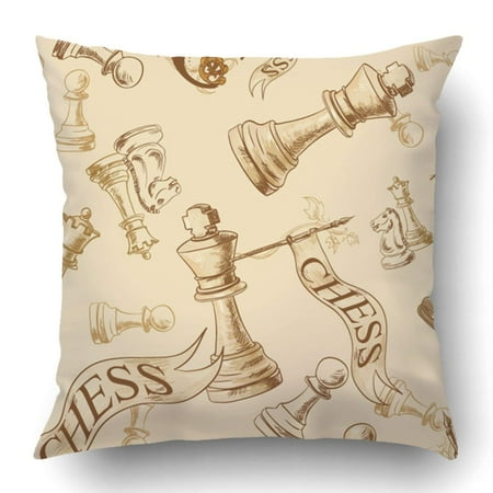 Chess King Queen - ARTJIA Beige Vintage Pattern with Chess Retro King Player Queen Pieces Line Pawn Pillowcase 18x18 inch
