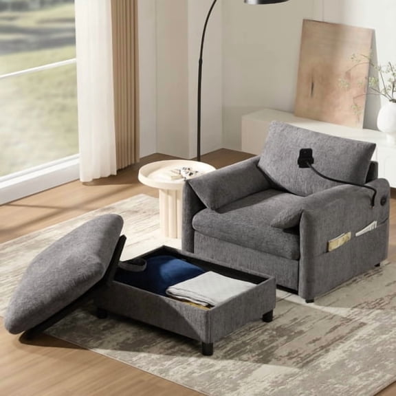 58" Ottoman Storage Modern Mid-Century Accent Armchair, Oversized Accent Chair with Side Pockets, Mid-Century Modern Chair with Type-C Ports for Living Rooms, Gray