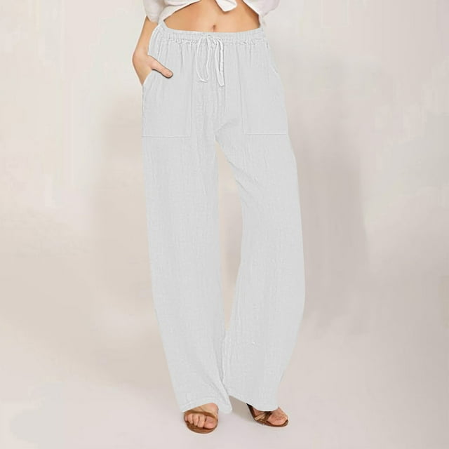 Sentmoon Plus Size Linen Pants for Women Solid Color Elastic Waist Wide Leg Pants Relaxed Fit Delightful Women Sweat Pants with Pocket Beach Day Essentials for Summer and Hot Weather