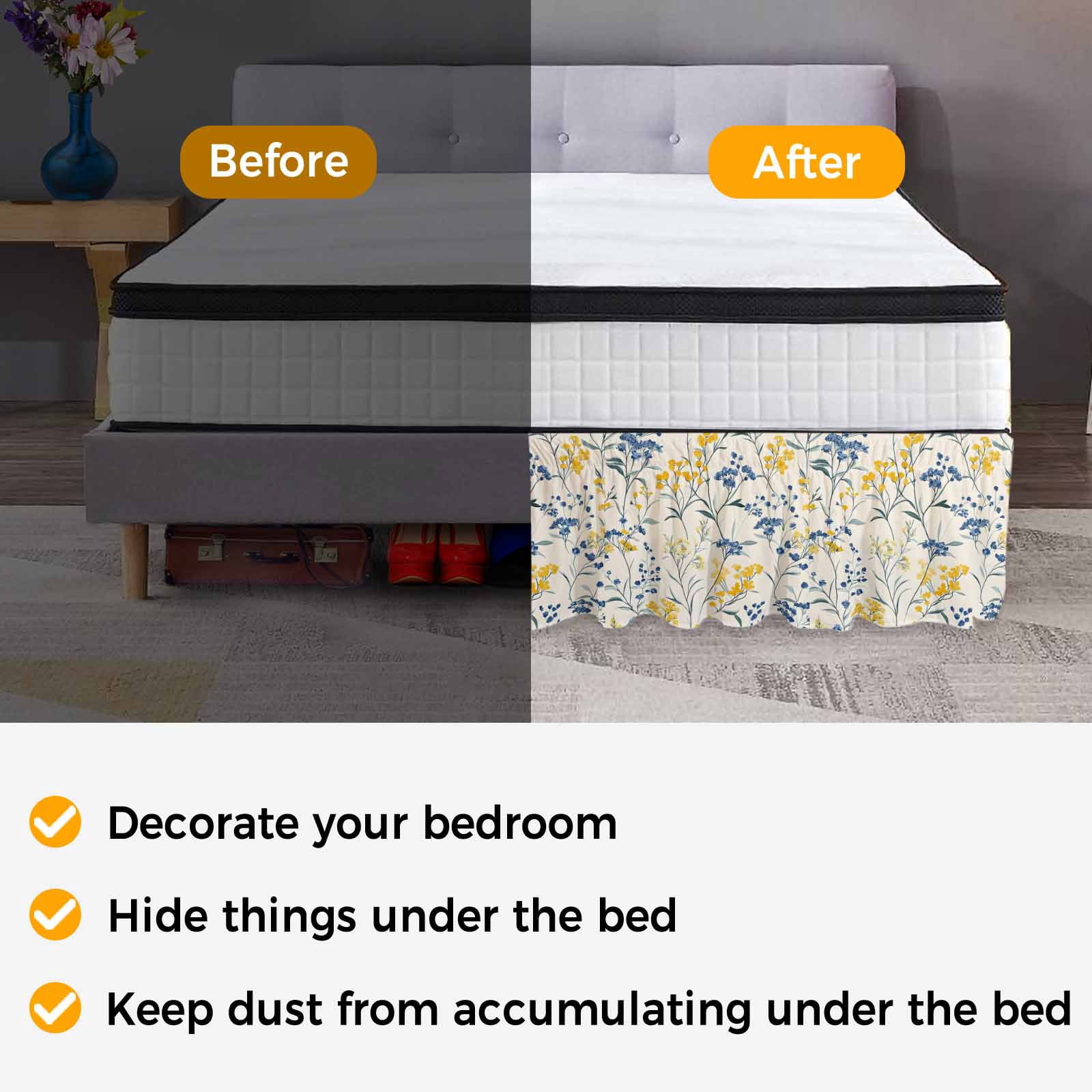 Yellow Blue Flowers Bed Skirt King Size, Watercolor Botanical Floral Plants Wrap Around Bed Skirting with Adjustable Elastic Strap, Dust Ruffle Pleated Bedskirts 16 Inch Drop for Bedroom King Beds