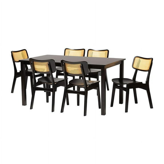 Baxton Studio Estera Mid-Century Modern Dark Brown Finished Wood and Rattan 7-Piece Dining Set