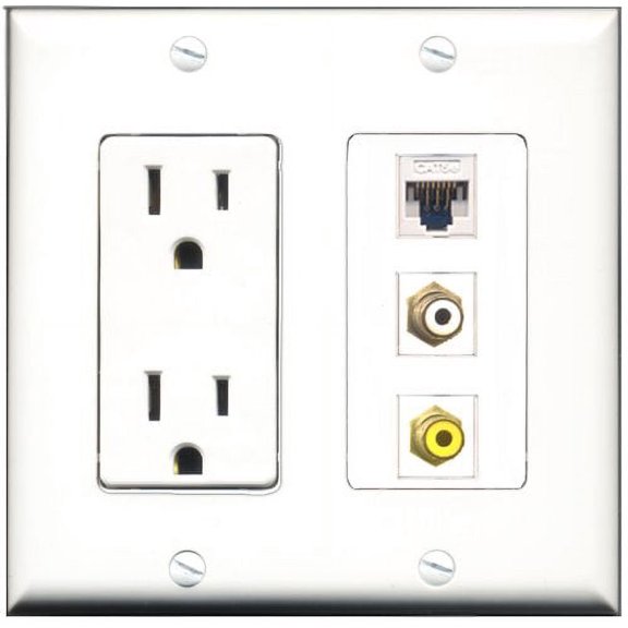 RiteAV - 15 Amp Power Outlet 1 Port RCA White 1 Port RCA Yellow 1 Port Cat5e Ethernet White Decorative Wall Plate