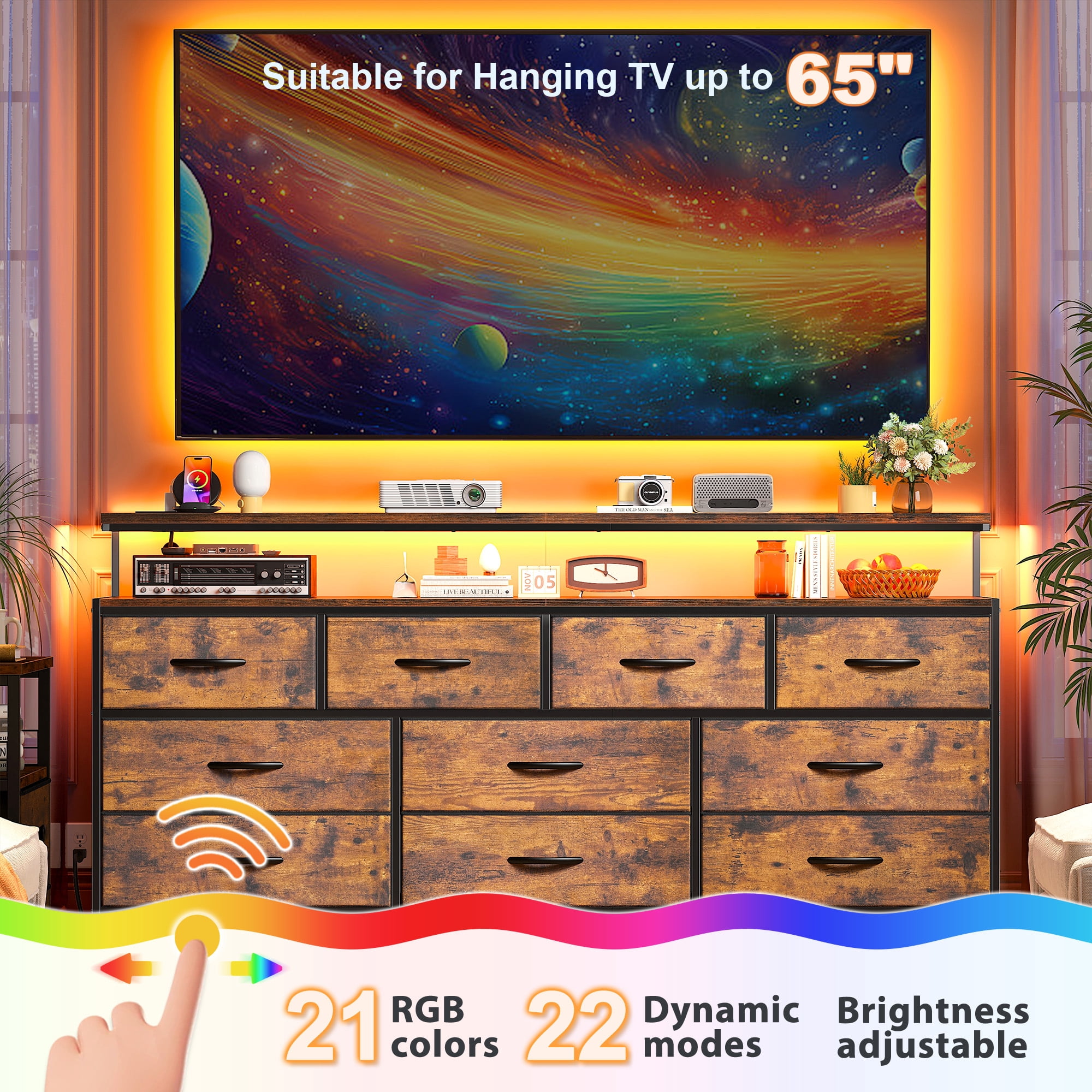 EnHomee 55"Long Dresser for Bedroom 10 Drawers Wide Dresser with LED Nights and Charging Station Fabric Dressers & Chests of Drawers,Rustic Brown