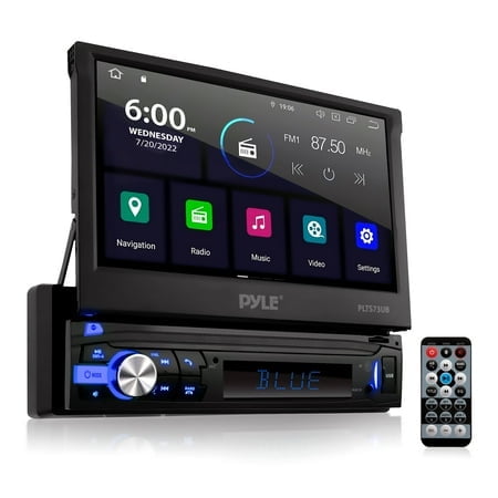 PyleUsa Récepteur Vidéo Stéréo de Voiture - Lecteur Multimédia, Diffusion en Continu Sans Fil BT, Conversation Mains Libres, Écran Tactile Motorisé Pliable 7, Radio MP4/MP3/USB/SD/AM/FM, Simple DIN - PLTS73UB