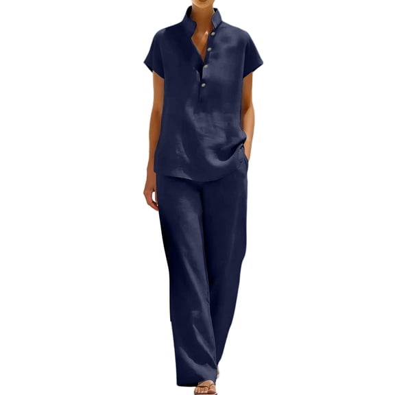 Guluxicc 2 Piece Women's Linen Outfit Sets Stand Collar Button Down Shirts Matching Wide Leg Pants Outfits for Business Summer Casual