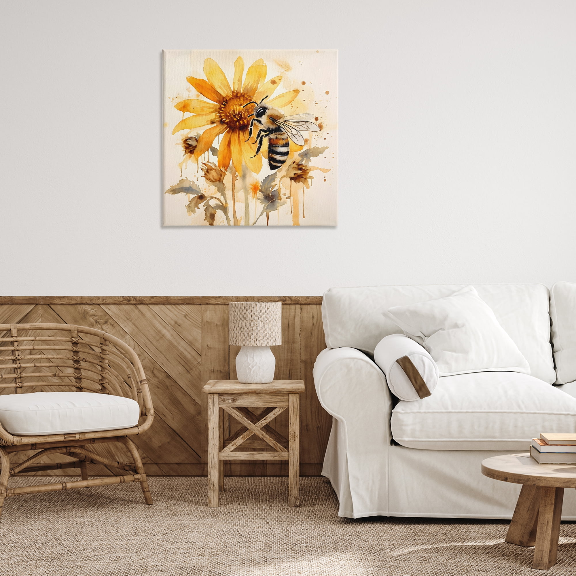 Stupell Industries Busy Bee with Flower Animals & Insects Painting Gallery Wrapped Canvas Art Print Wall Art, 30 x 30