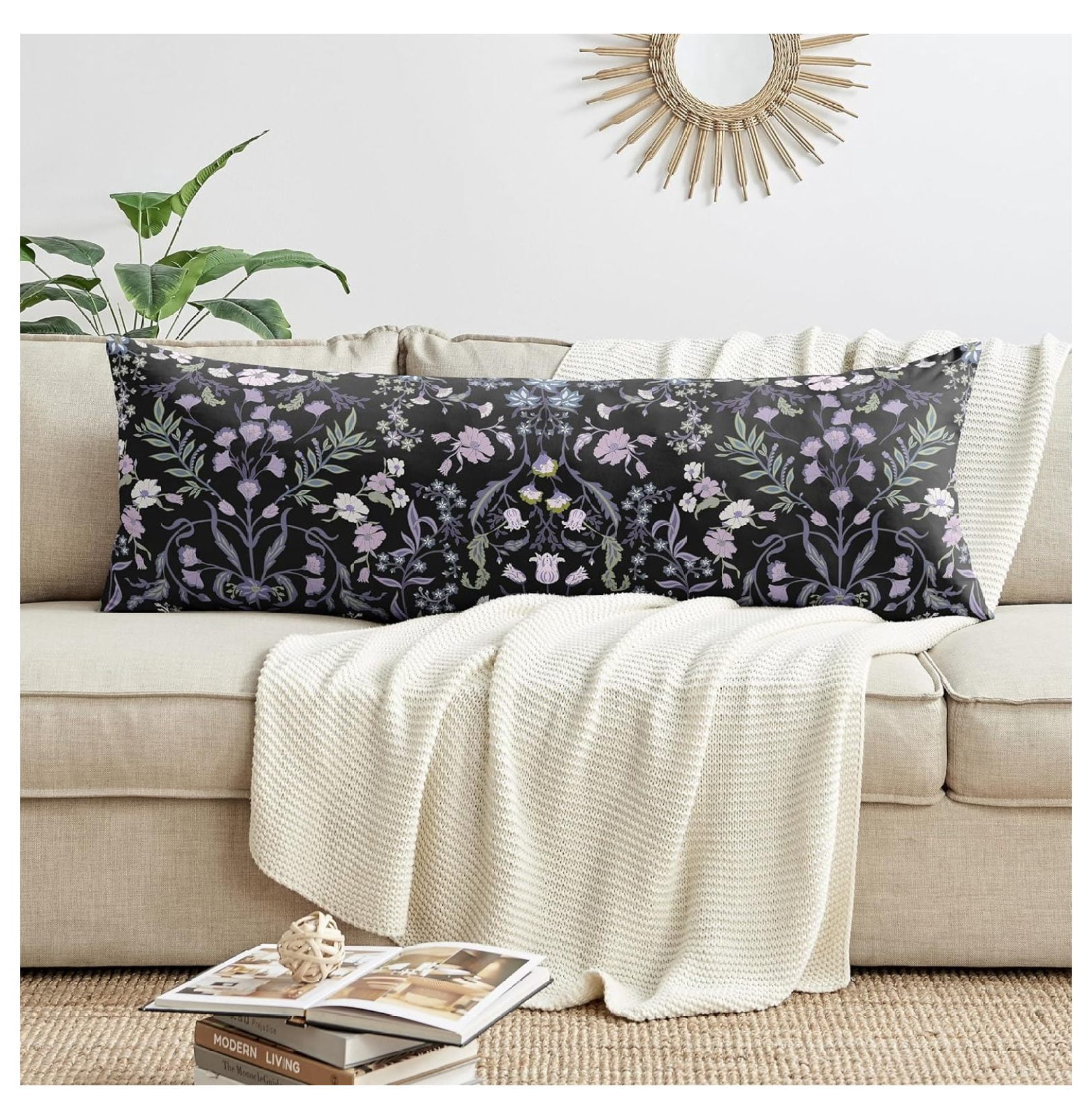 Black Purple Boho Wildflower Vintage Floral Girl Body Pillow Cover Case Decorative Accent Long Couch Bed Pregnancy Pillowcase 54x20 Lavender Bohemian Farmhouse Botanical Cottagecore