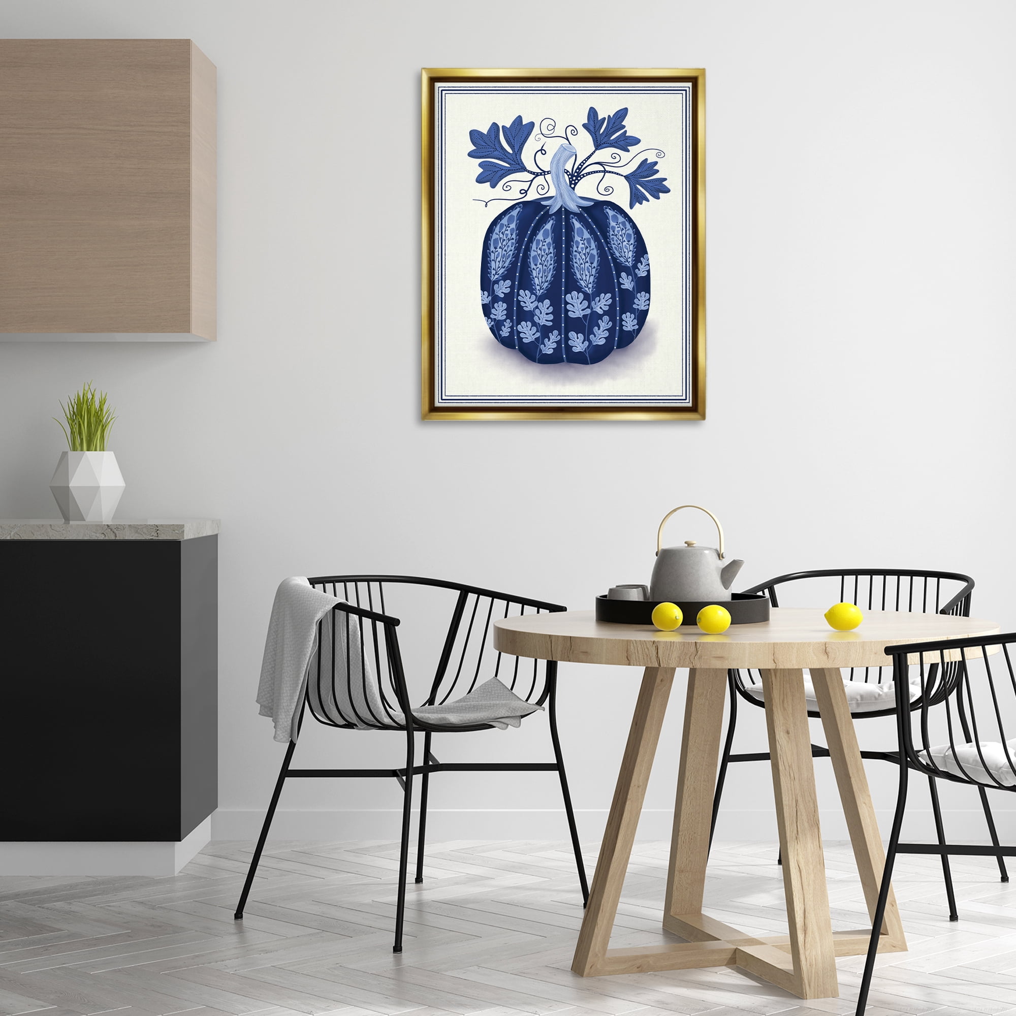 Stupell Industries Folk Pattern Fall Pumpkin Plants & Flowers Painting Gold Floater Framed Canvas Art Print Wall Art, 25 x 31