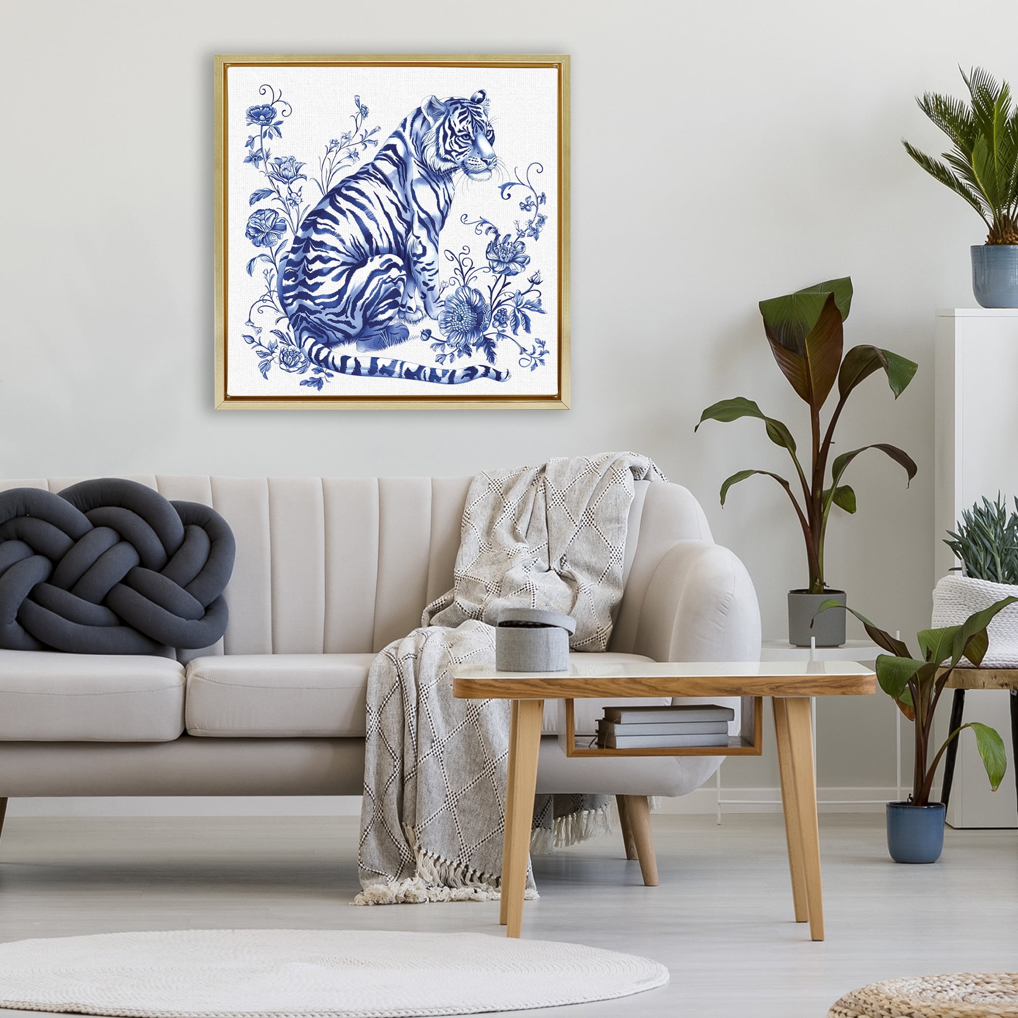 Traditional Ornate Floral Tiger Gold Framed Floater Canvas Wall Art, design by Lettered and Lined
