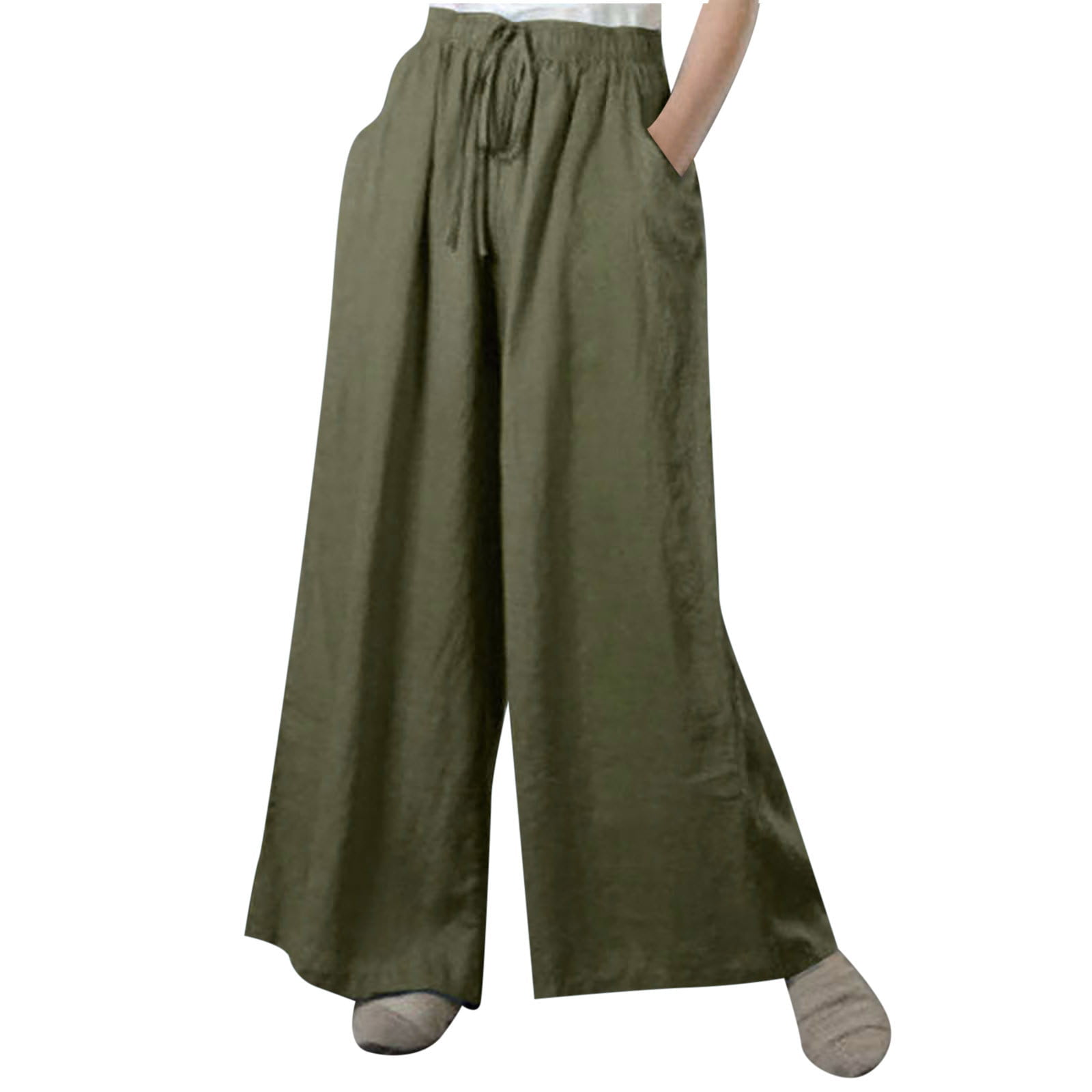 VEKDONE Overstock Items Clearance All Prime Women's Solid Cotton Linen Long  Pants Elastic High Waist Drawstring Casual Palazzos Wide Leg Comfy Baggy  Yoga Pant 