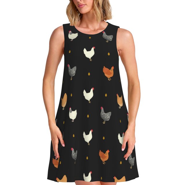 Easygdp Funny Chicken para Vestido Transpirable de Mujer, Vestido Suelto de Manga Corta con Pliegues y Bolsillos para el Verano